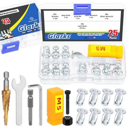 Glarks 25 M5 écrou de vérin et kit d'outils de montage écrou de vérin vis d'ancrage filetage insert papillon écrou d'expansion pour contreplaqué plastique carton dur
