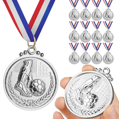 GeeRic 12pz Medaglie d'Argento Medaglie per Bambini/Studenti/Giocatore/Atleta Medaglie in Metallo con Nastro Collo Vincitore di Medaglie per Concorso/Sport/Festa Decorazione