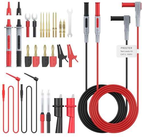 Proster 27 in 1 Multimeter Messleitung Set mit Goldplattierten Prüfsonden 1mm/2mm/4mm – 4 Krokodilklemmen, 4 Goldene Bananenstecker, 2 Testhaken für Elektronik, Autos, Hausgebrauch CATIII 1000V