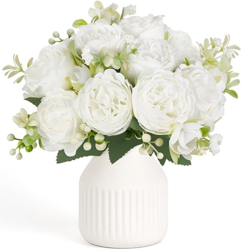 Mkono Fake Flowers with Vase 9 White Artificial Flowers Coffee Table Decor