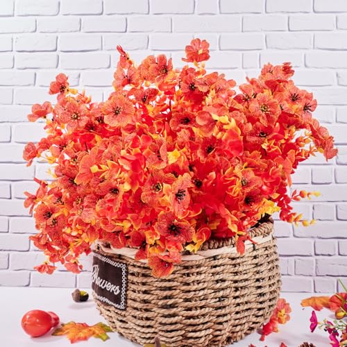 HBell 12 Bundles Outdoor Artificial Flowers UV Resistant Fake Boxwood Plants,Faux Plastic Greenery for Indoor Outside Hanging Plants Garden Porch Window Box Home Wedding Decor (Autumn Bright)