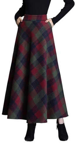 RIZ-ZOAWD Jupe Longue Femme Hiver Élégant Taille Haute Laine Carreaux Maxi Skirts Casual A-Ligne Jupe plissée Vert-XL