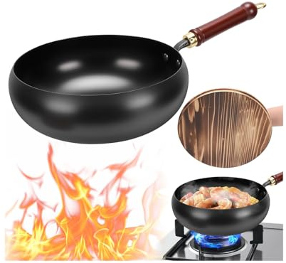 exsulity Stainless Steel Wok,Japanese Iron Pan, 28cm Uncoated Cast Iron Wok, with Spatula, 2 Covers to Choose from, for Pots On Electric Stoves/Induction Cookers/Gas Stoves (Wooden Cover)