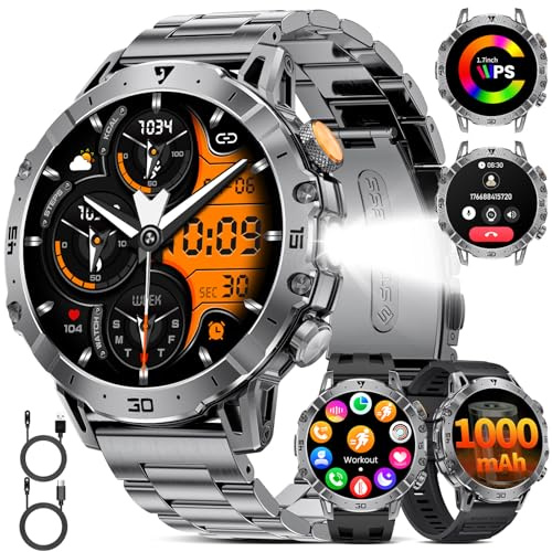 Smart Watches for Men 1000mAh Battery/Flashlight/3 Straps, 1.7 Ultra HD Screen Outdoor Smartwatch with 111 Sports Modes, Heart Rate/Sleep/Calorie Monitor, 5ATM Waterproof Fitness Tracker Android iOS