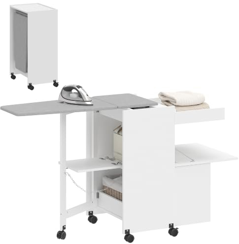 HOMCOM Meuble à repasser, table à repasser pliante sur roulettes avec repose-fer, portes par pression, charnières à fermeture douce, meuble rangement pour petits espaces, buanderie, 154x55x87cm, blanc