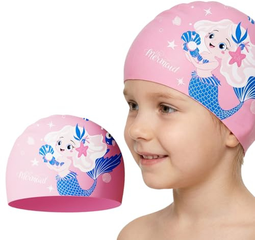 Kids Swimming Cap for 4-13 Years Boys Girls - Waterproof Silicone Swim Hat for Long Hair, Comfortable Anti-Slip Bathing Cap for Swimming Lessons & Pool