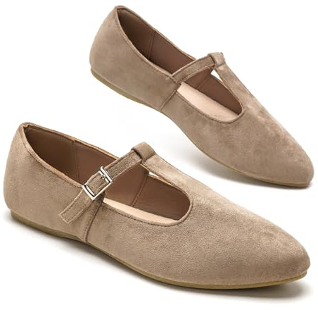 GLAMORA Ballerines Babies Femme Bride T Barre Boucle Réglable Effet Daim Chaussures Plates Bout Amande Salomés Souples Confortables Mary Jane Chaussures Basses