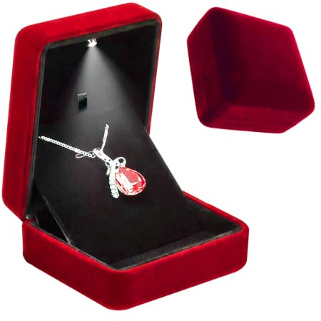 Homirty Boîte de Collier Pendentif avec Lumière LED, Boîte De Présentation En Velours Pour Collie, Ecrin à Bijoux Elégant, Colliers de Stockage pour Pendentifs Et Chaînes (Rouge Bourgogne)