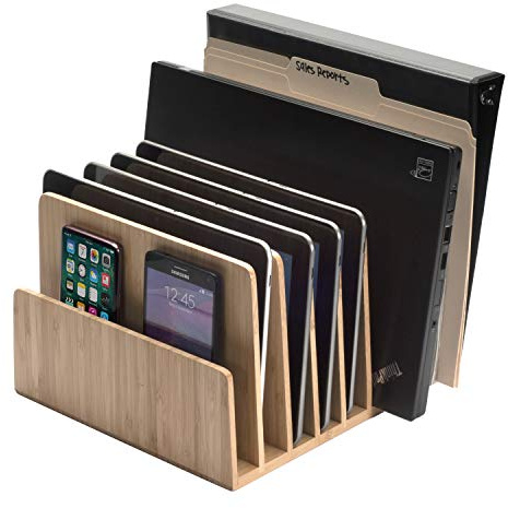 MobileVision Bamboo Device Organizer for Smartphones, Tablets and Laptops, 7 Slots With Extra Wide Slots for Laptops