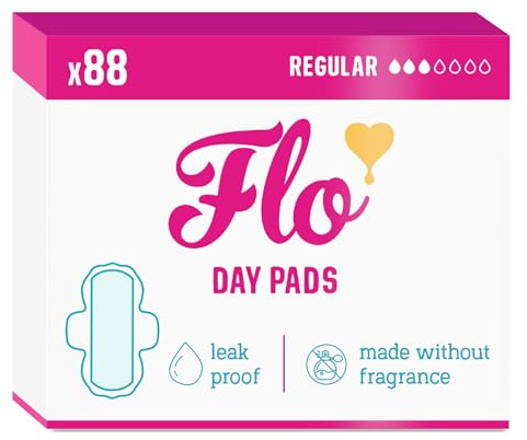 Flo – Dag menstruationsdynor (88-pack) – regelbundet flöde – läckageförslutning – bevingade + ultratunn – naturliga, absorberande, mjuka och andningsbara – bambupoderblock för kvinnor – växtbaserade