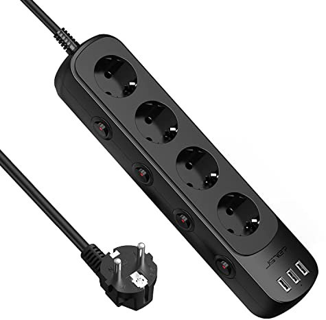 JSVER Multiprise USB à 4 Prises avec 3 Ports USB rallonge électrique (3680 W) avec Interrupteur Individuel pour la Maison, Le Bureau et Les Voyages Câble de 2 m Noir