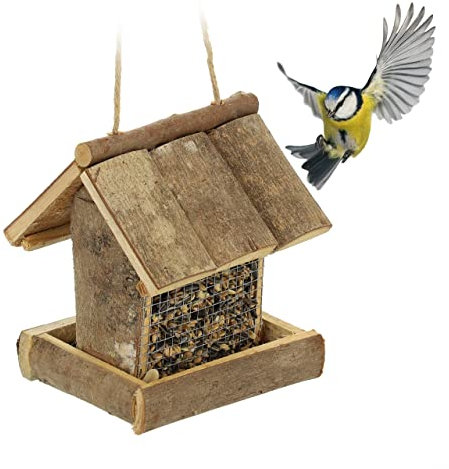 Relaxdays Vogelfutterhaus, Wildvogel Futterstelle zum Aufhängen, HBT 17 x 14,5 x 11,5 cm, Vogelhäuschen aus Holz, Natur