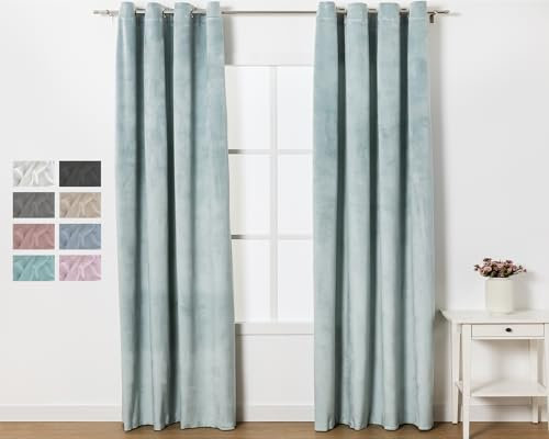 TRAMAS+ Cortina Opaca de Terciopelo, 140x260cm, Térmica Aislante Con Ojales Para Salón, Dormitorio y Sala de Estar - Verde Tiffany