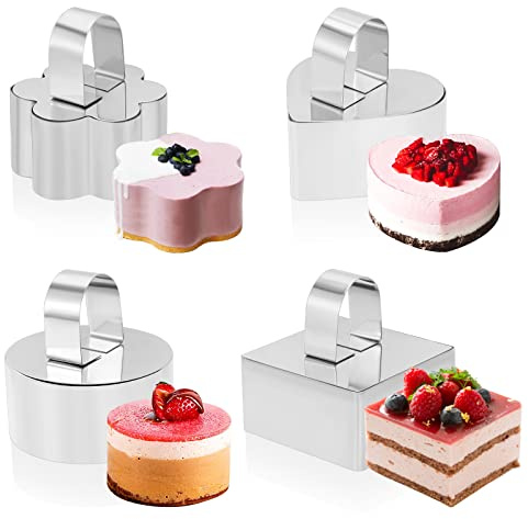 4Stück Dessertringe und Speiseringe, Lebensmittel Presse Dessertring Speisering, Mousse Ringe Tortenring Kuchenform Rund Quadratisch Blume Herz Ring Set eckig Edelstahl mit Heber & Stampfer