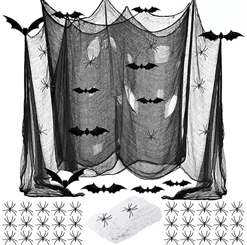 Halloween Gaze Dekoration Stoff,Halloween Deko Gruselig Stoff 215x 600cm, Weißen Spinnennetz Spinnen Fledermäuse，Gruseliges Tuch Schwarzes,Halloween Dekostoff für Halloween Party Dekoration