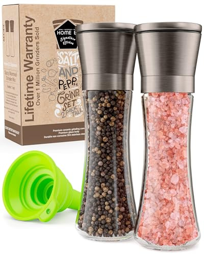Home EC Original Gun Metal Bronze Salt and Pepper Grinder Set of 2 - Adjustable Ceramic Grinder - Tall Glass Salt and Pepper Shakers With Funnel and Ebook - Spice Mill - Bronze Kitchen Accessories