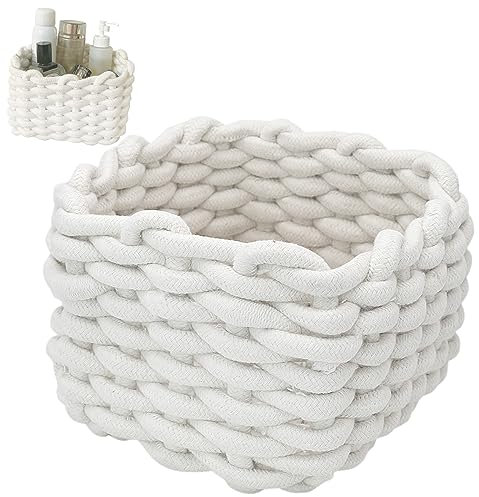 Natural Cotton Woven Rectangle Storage Baskets - Organizers for Storage, Jewelry, Remote, Baby Room, Bedroom, Living Room - 17 * 17 * 12cm (White)