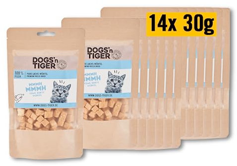 Dogs'n Tiger – Katzen Leckerlies aus 100% Fleisch – Premium Katzen Snack ohne Zucker, Getreide & künstliche Aromen – gut verträglich (gefriergetrocknete Lachs-Filetstückchen | 14 x 30 g)