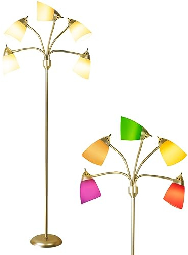 Depuley Medusa golvlampa med 5 huvuden, modern LED-golvlampa med 5 färgglada lampskärmar, justerbar svanhals för sovrum, vardagsrum, barnrum, guld E26-bas
