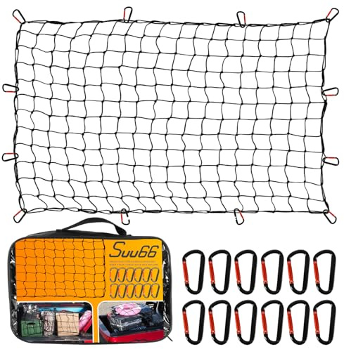 Suu66 Heavy Duty Cargo Net for Pickup Truck Bed - 4' x 6' Stretches to 12' x 18' - Sturdy Latex Bungee Net Mesh - with 12 Metal Carabiners - Truck Bed Accessories for Dodge RAM, Ford, Chevy, Toyota