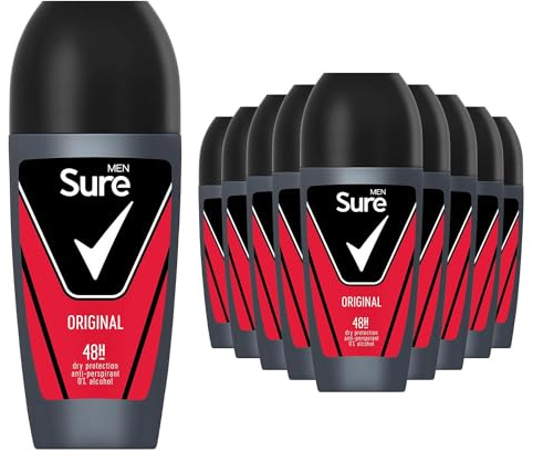 Sure Antiperspirant Roll On Original 48H Sweat and Odour Protection Roll On with Citrusy, Spicy and Woody Scent Deodorant for Men, 50ml Pack of 12