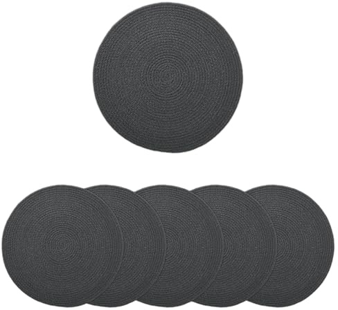 Encasa XO Tovagliette da Tavola Set di 6 | Tovagliette Rotonde in Cotone - Diametro 33 cm | Grigio scuro | Stile a Coste Fatto a Mano