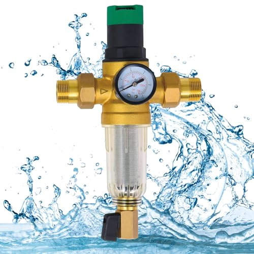 Reducteur de Pression Eau 1 Pouce, DN 25 Régulateur de Pression d'eau en Laiton Limiteur de Pression Eau avec Manomètre et Filtre à Tamis en Acier 316 pour Filtrer Les Impuretés Dans L'eau