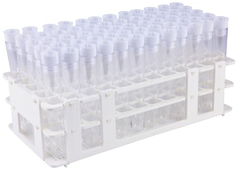 stonylab Juego de Tubos de Ensayo de Plástico de 16 mm, 60 Piezas con Soporte, Tubos de 16 x 100 mm de 10 ml con Tapas Blancas, Ideal para Experimentos de Enseñanza Científica