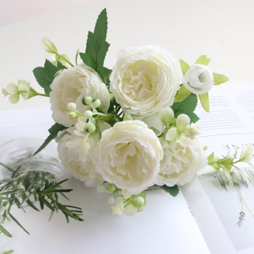 KARLOR Kunstrose Strauß weiß Rose künstlich Blumen Hochzeit Kernstück Kunstblumen weiß 5 groß Blütenköpfe & 4 kleine Blütenknospen, Persische Rosen Künstliche Rose Hochzeitsstrauß Dekoration Haus Deko