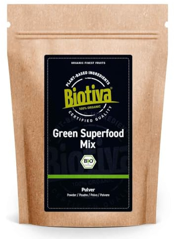Green Superfood Mix Polvo Bio 800 g (2 x 400 g) – Hierba de cebada y trigo Espirulina Clorella Moringa Raíz de Diente de León Ortiga Kelp & Matcha – Mezcla de 9 superalimentos Biotiva