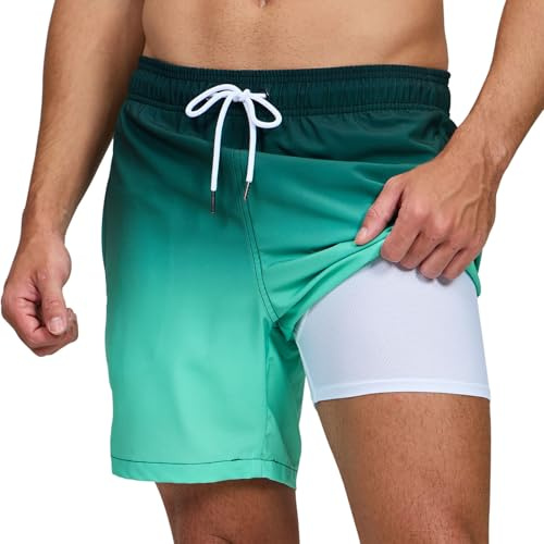 Aisprts Badshorts för män, badbyxor med kompressionsfoder, 2-i-1, snabbtorkande, stretchiga badshorts för män, med 2 fickor och dragkedja