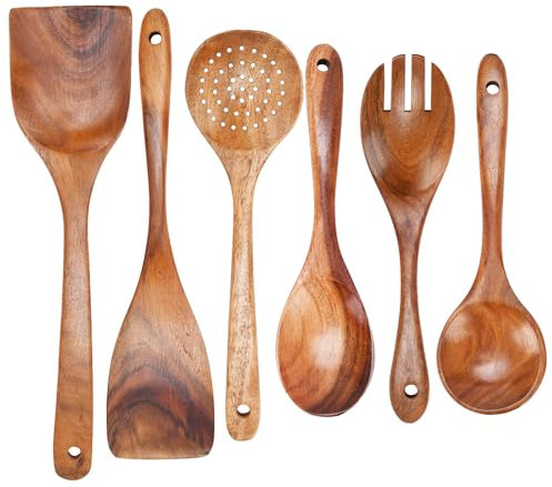 6 Pcs Wooden Spoons Sets Cooking Heat Resistant Natural Teak Wooden Cooking Utensil Set Comfortable Grip Non-Stick Wooden Kitchen Utensils