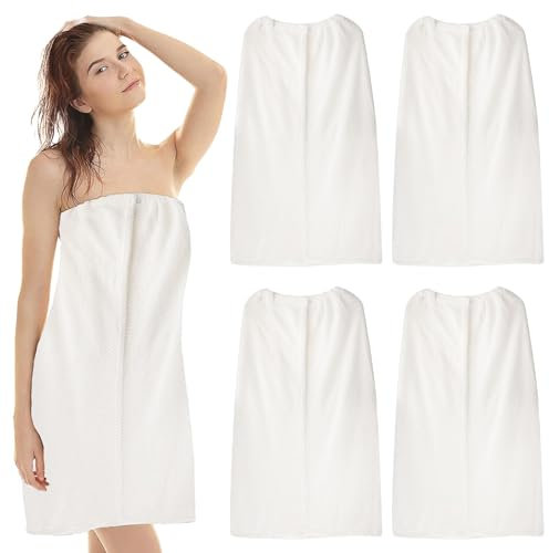 YFNVH 4 Pcs Towel Wrap for Women, White Bath Shower Wrap Bulk, Quick Dry Womens Body Wrap Towel, Spa Robe with Velcro & Elastic Top for Gym Sauna Pool Travel, 85cm Length