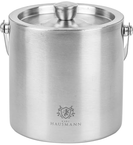 KARL HAUSMANN Secchiello Ghiaccio 1,3L con Coperchio, Pinza e Griglia - Contenitore Ghiaccio Acciaio Inox Argento Doppia Parete Isolante, Mantiene Ghiaccio Asciutto, Cocktail, Bar, Casa