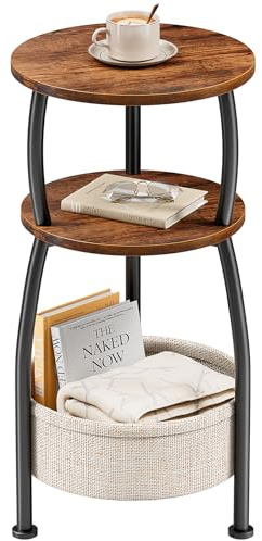 Yuede Small Side Table for Small Spaces with Storage Basket, Round End Table 3-Tier NightStand Sofa Corner Table for Living Room, Bedroom, Patio and More 24in Tall Rustic Brown