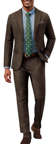 PJ PAUL JONES Men 2 Piece Suits Peak Lapel Vintage Tuxedos Herringbone Tweed Blazer Jacket Pants Dating Brown