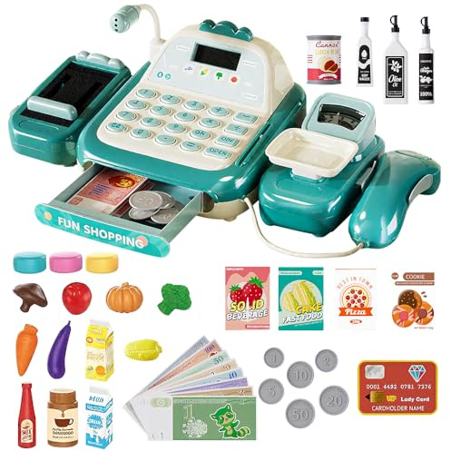 Toy Till Cash Register, 52PCS Cash Register for Kids, Kids Till with Scanner, Microphone, Play Money, Check Out, Role Play Shopping Toys Gift for Toddler Girls, Boys Birthday