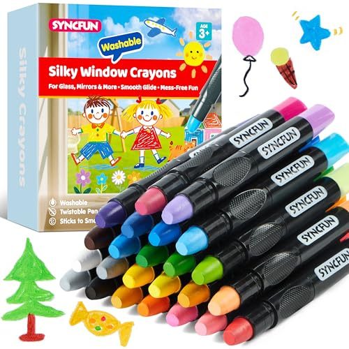 SYNCFUN 24 crayones sedosos para ventana, giratorios, lavables, para papel, ventana y vidrio, fáciles de sostener y de secado rápido, suministros de arte y manualidades, no tóxicos, sin desorden