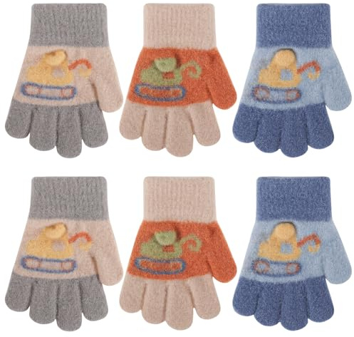 QKURT Guanti magici per bambini motivo a escavatore, 3 paia di guanti per il freddo, guanto elasticizzati a dita intere, guanto termici invernali per bambini e bambine da 1 a 3 anni