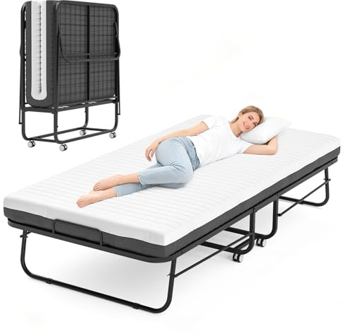 FentyOE Folding Bed with Mattress, 90x200cm Foldable Roll Away Bed for Adults, Portable Fold Up Guest Beds with 13cm Mattress Include Memory Foam, Space Saving Extra Beds