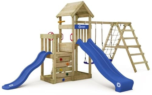 Wickey Torre da gioco Skyflyer 120 & 90 con scivolo blu e telone blu – Attrezzo da gioco con arrampicata per il giardino