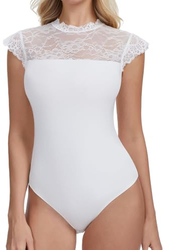 Joyshaper Lace Bodysuit For Women Ruffled Cap Sleeve Body Suits Summer Leotard Tops Sexy Going Out