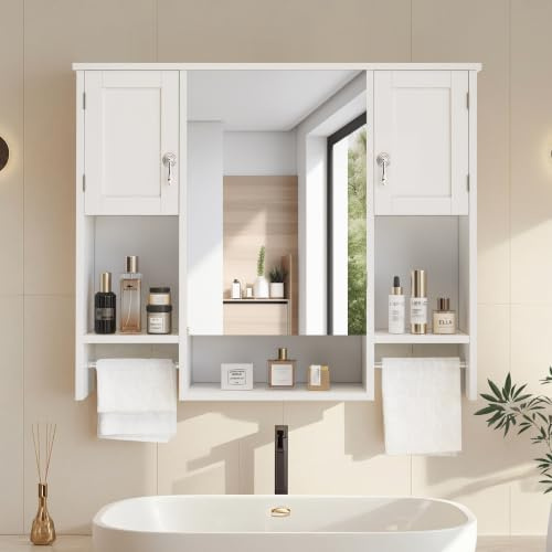 VECELO Armoire Murale de Salle de Bain, Armoire à Pharmacie avec Miroir, Étagères Réglables, Compartiments Ouverts, 2 Porte-Serviettes, Meuble de Rangement, 89×18×73,5 cm, Blanc