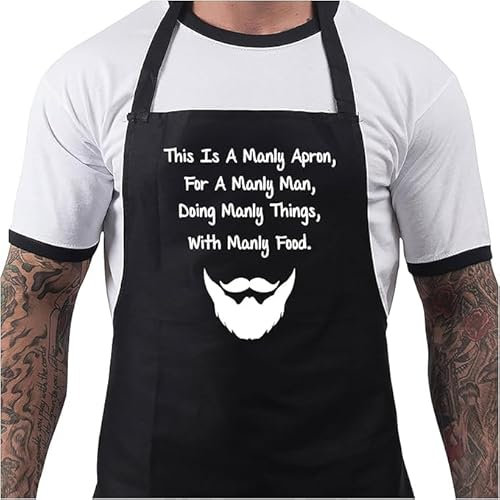 BBQ Aprons for Men, Funny Cooking BBQ Apron in 100% Cotton, Adjustable with 2 Pockets, Birthday, Christmas, Cooking Gifts for dad, chef, husband, him - Manly Man - Black