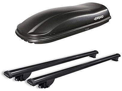 Farad FI49FI30+AZ03030035 - Box da Tetto Marlin 480 LT Nero + Barre PORTATUTTO in Acciaio per Auto con Railing O MANCORRENTI