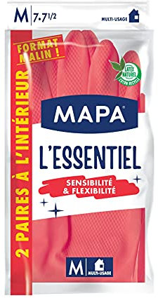 MAPA - L'Essentiel - Gants de Ménage en Latex intérieur Fibres de Coton - Sensibilité et Flexibilité - Revêtement antidérapant - 1 pack de 2 paires - Taille M