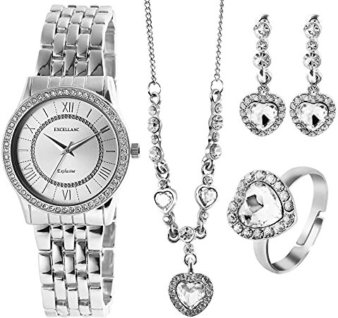 Excellanc Geschenkset-Damen Uhr Kette Ring Ohrstecker Strass Analog 1800220 (silberfarbig)