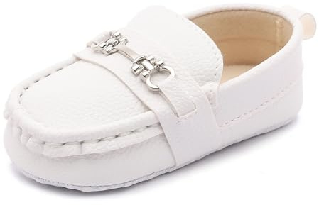LONSOEN Infant Shoes Boys Loafers Baby Girls Crib Moccasins Classic Synthetic Leather Wedding Dress Shoes,BAY209 White 0-6 Months