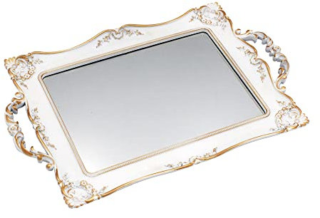 Tstarer Antique Decorative Gold Framed Square Mirror Tray, Jewelry & Cosmetics Organizer for Dresser, Square - 9.5 W x 14.5 L (White)