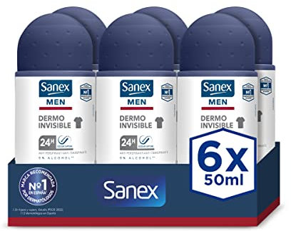Sanex Men Dermo Invisible, Desodorante Roll-on Hombre, Antitranspirante, Pack 6 unidades x 50ml